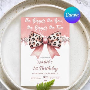 Geburtstags-Party Einladung für Babys Leopardenmuster rosa Glamour Editierbare Geburtstagskarte Baby Leopard Print canva bearbeiten Vorlage