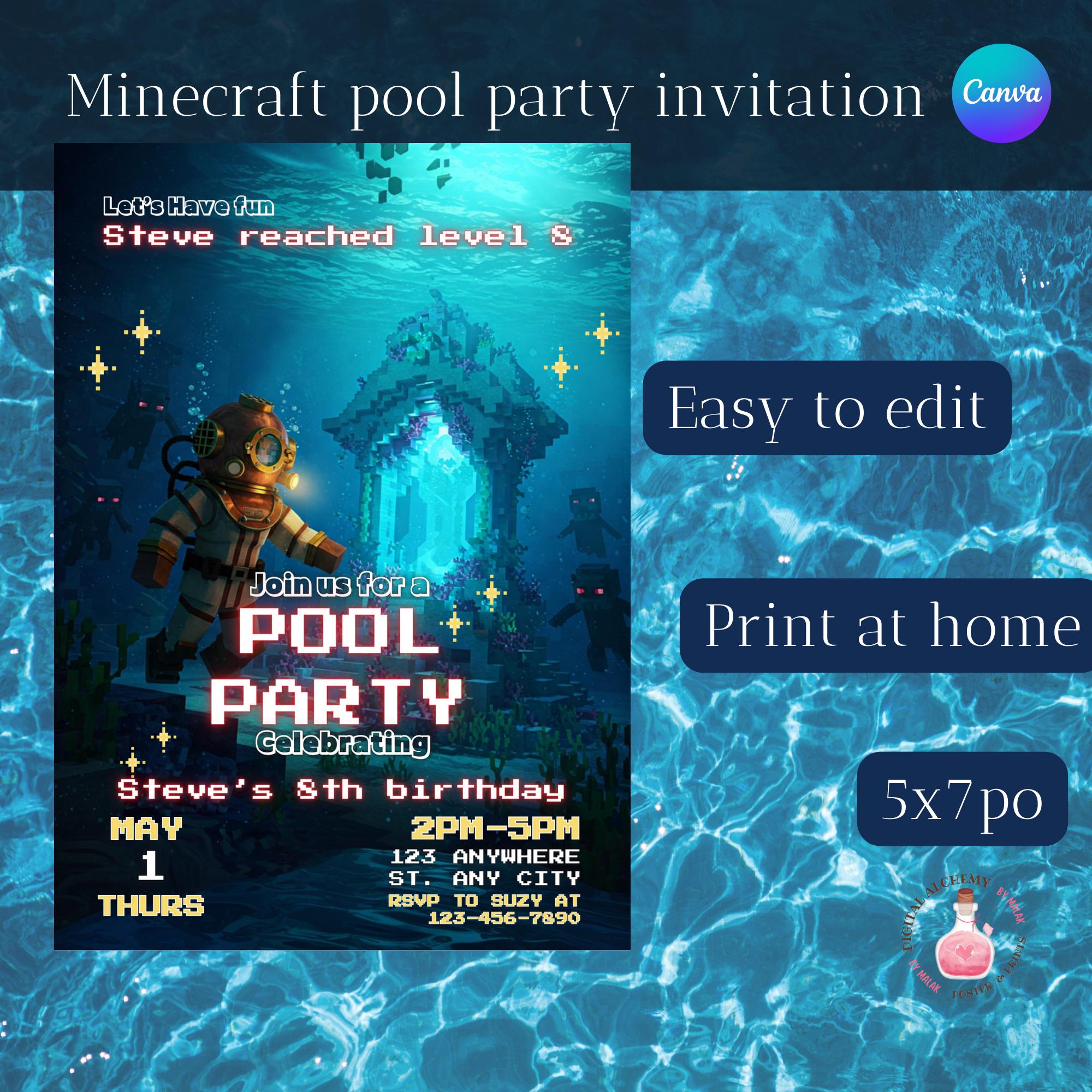 Pool Party Minecraft Canva Invite