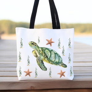 Sea Turtle Tote Bag Green Sea Turtle Beach Bag Reusable Wildlife Shoulder Bag Turtle Lover Gift Coastal Vibe Accessory Beach Lover Gift