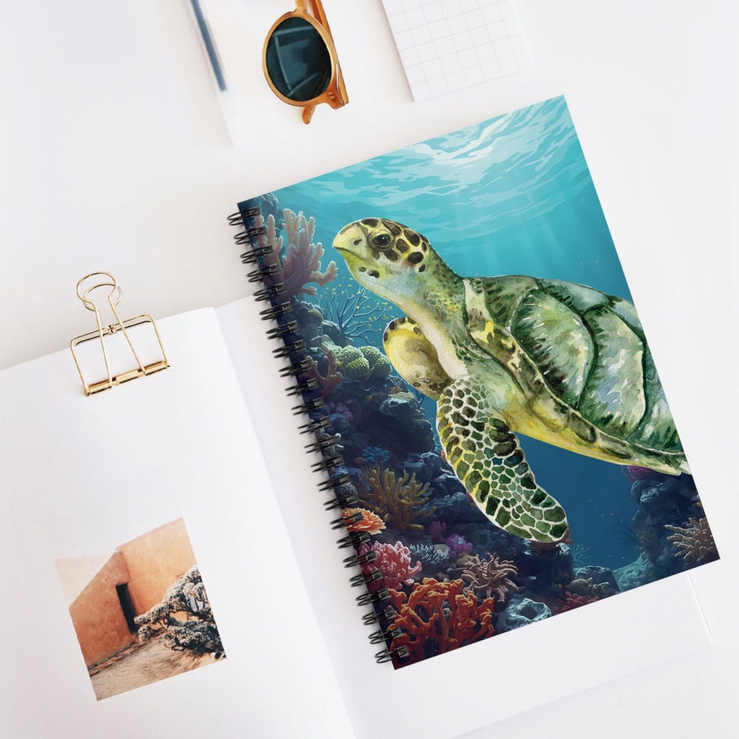 Turtle With Notebook Sea Turtle Illustration Spiral Notebook Ocean Coral Ruled Journal ...