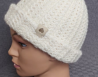 Handmade Alpaca Lace: Double-Knitted Winter Hat in White Color and Leather 'Made With Love' Tag