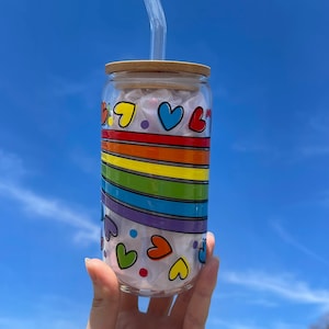 16 oz. Gay Pride | LGBTQ Libbey Glass with Bamboo Lid and Glass Straw | Rainbow Cup |