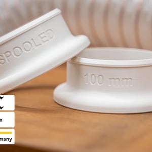 Può includere: Due connettori in plastica bianca, uno con la scritta "SPOOLED" e l'altro con "100 mm". Progettati per un tubo da 100 mm di diametro. L'immagine include anche un simbolo di magnete e la scritta "Made in Germany".