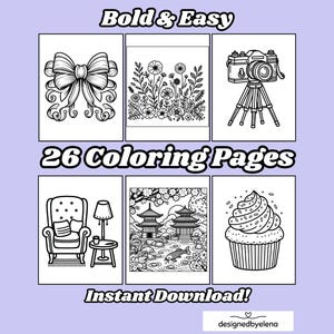 Bold & Easy Coloring Pages, Relaxing Digital Coloring Book, 26 Cute and Simple Aesthetic Coloring Pages For Kids and Adults