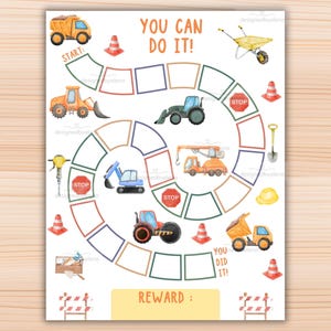 Peut inclure: Illustration à l'aquarelle d'un jeu de société sur le thème de la construction. Le jeu présente divers véhicules de chantier, tels qu'une pelleteuse et une grue, avec les textes "YOU CAN DO IT!" et "YOU DID IT!"