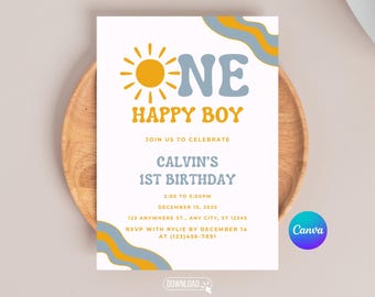One Happy Boy Birthday Invitation, 1st Birthday Party Invite Boy, Editable Retro One Happy Boy First Birthday Invite, Sunshine Boho Invite