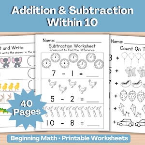 Könnte beinhalten: Drei weiße Mathe-Arbeitsblätter aus Papier mit schwarzen Strichzeichnungen von Tieren, Uhren und Objekten. Die Seiten enthalten Text wie Addition & Subtraction Within 10, Count and Write, Subtraction Worksheet und 40 Pages.