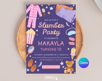 Slumber Party Invitation Template, Editable Sleepover Birthday Invite, Pink Girl Spa Tween Teen Digital Download