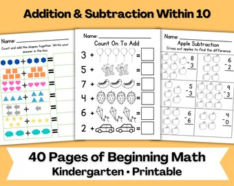 May include: Three printable math worksheets for kindergarten featuring addition and subtraction problems within 10. The pages include shapes, balloons, butterflies, hot dogs, strawberries, kites, cars, and apples with text labels like Count On To Add.