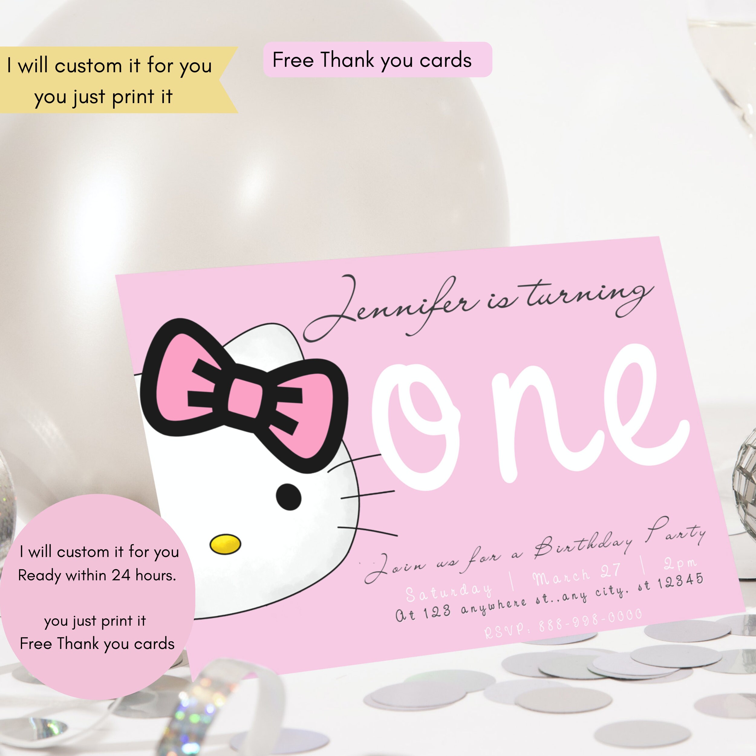 Editable Kitty Birthday Party Invitation Kitty Birthday Kitty