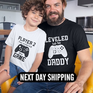 Leveled Up To Daddy Shirt, Dad and Son Matching Shirt, New Dad Shirt, Funny Daddy Shirt, Father&#39;s Day Shirt, Gamer Daddy Shirt, Family Shirt