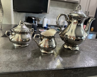 Vintage Bavaria Waldershof Silver Porcelain 3 - Piece Tea Coffee Set Germany