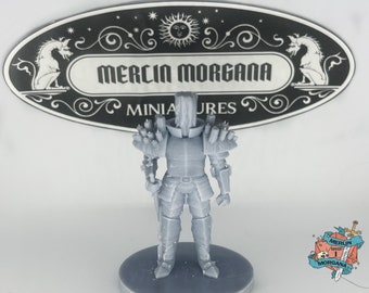 May include: A gray 3D printed miniature of a knight in armor, standing on a round base. The knight is wearing a helmet with a visor, and has a sword in its right hand. The miniature is part of the Merlin Morgana series.