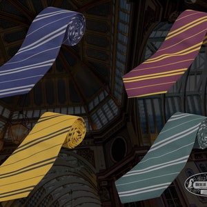 May include: Four striped ties in different colors: blue and white, yellow and black, maroon and gold, and green and white. The ties are rolled up and arranged in a diagonal pattern against a dark background.