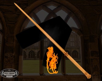 May include: A wooden wand with a brown finish and a black tassel. The wand is about 14 inches long and has a slightly pointed tip. The wand is displayed against a backdrop of a stone archway.
