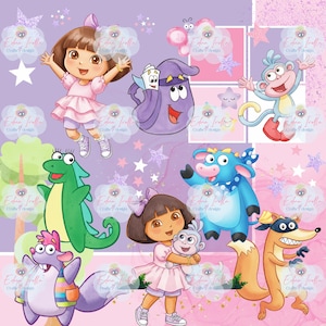 Puede incluir: Un collage colorido con personajes de dibujos animados, incluyendo a Dora la Exploradora y sus amigos. Los personajes se representan sobre un fondo de tonos morados y rosas, con estrellas y elementos decorativos.