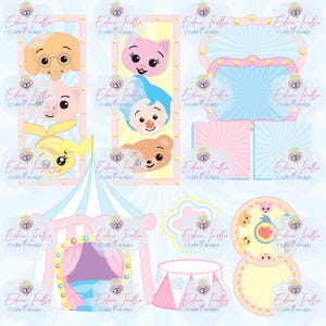 May include: A digital illustration featuring cartoon characters and circus-themed elements. The design includes framed character portraits, circus tent, and decorative labels. The color palette is soft, with pastel pink, blue, and yellow hues. The text "Edna Irolla Crafts 7 design" is repeated throughout.