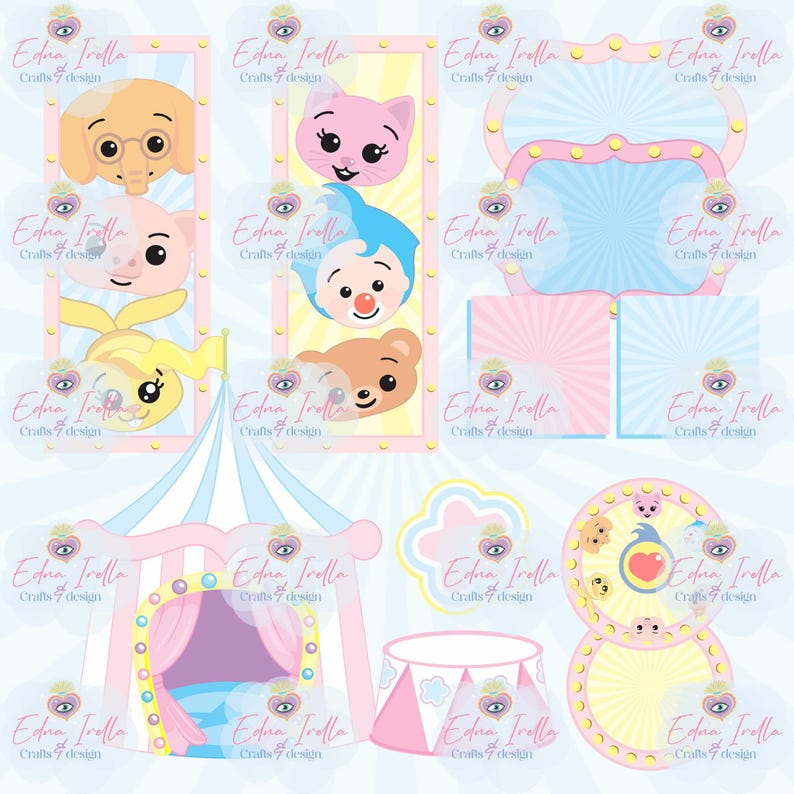 May include: A digital illustration featuring cartoon characters and circus-themed elements. The design includes framed character portraits, circus tent, and decorative labels. The color palette is soft, with pastel pink, blue, and yellow hues. The text "Edna Irolla Crafts 7 design" is repeated throughout.