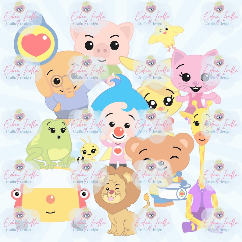 May include: A collection of colorful cartoon animal characters, including a pig, cat, giraffe, and lion, against a light blue background. The image features a variety of friendly-looking creatures with distinct features and expressions, perfect for children's designs.