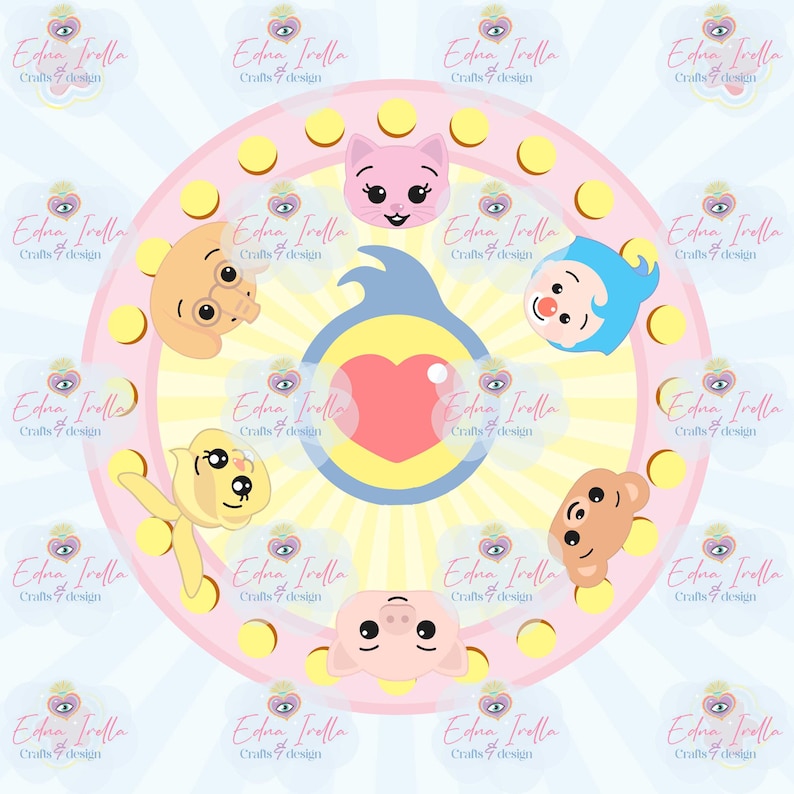 May include: A circular design featuring cartoon animal faces, including a cat, pig, bear, and dog, arranged around a central heart shape. The design is set against a light pink and yellow background with the text "Edna Irolla Crafts 7 design" repeated around the border.