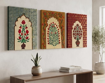 May include: Three rectangular wall art canvases featuring arched niches with floral motifs. The left canvas has a dark green dotted background, the center is mustard yellow with vine patterns, and the right is deep red with gold geometric details.