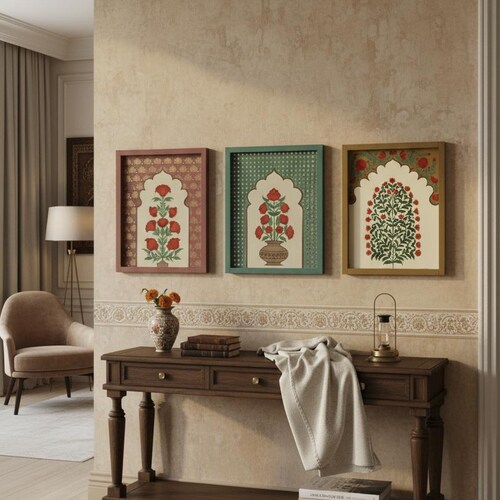 Original Hand-painted Mughal Jharokha Frame Set of 3 | Hand-Painted Indian Wall Decor | Wall art