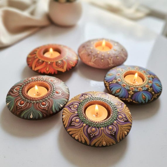 Original Painting | Mandala Dot Art | T-Light Holder | Colorful Dot Art Candle Holder | Home Decor & Gifting