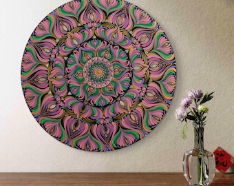 Hand-Painted Mandala Dot Art, 18-inch Wood Wall Art, Green Pink Gold Mirrors