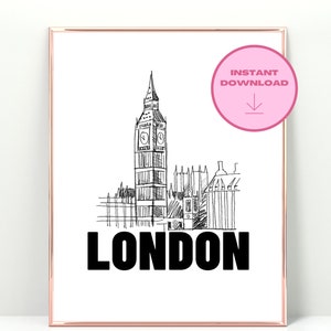 London Print, Digital Download, City print, black and white, Big Ben, Chic, Fashion, Retro Vintage Trendy, Dorm, Bar, Apartment, Wall decor