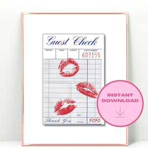 Puede incluir: Un cheque de invitado imprimible con un diseño azul y blanco. El cheque tiene tres besos de lápiz labial rojo. El texto en el cheque dice "Guest Check", "Server", "Table", "Guests", "Check Number", "603155", "Tax", "Thank You", "Total", y "xoxo".