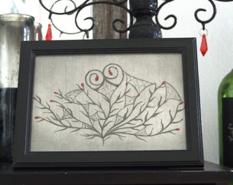 Framed Graphite Art: Branching Heart with Spiderwebs (5x7)