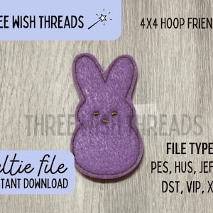 May include: Purple felt bunny rabbit applique embroidery design for a 4x4 inch embroidery hoop. The design is for a feltie, a felt applique. File types included are PES, HUS, JEF, EXP, DST, VIP, and XXX.
