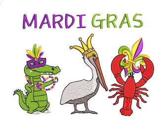 Mardi Gras Embroidery Design 5 Sizes, Mardi Gras Alligator Pelican Crawfish Embroidery Design, Louisiana Embroidery, Mardi Gras Patterns