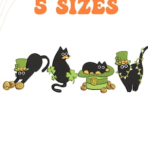 May include: Five black cats wearing green hats and holding shamrocks. One cat is sitting in a pot of gold. The text "5 SIZES" is at the top of the image.