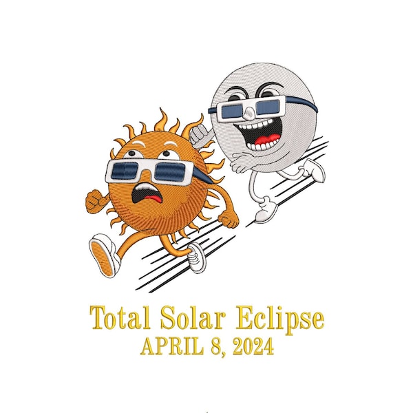 Total Solar Eclipse Embroidery Design 5 Sizes, Solar Eclipse April 8th 2024 Embroidery Designs, Astronomy Sun Flees Moon "Eclipse Chase"