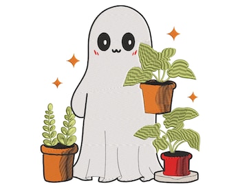 Floral Ghost Embroidery Design 5 Sizes, Halloween Ghost Embroidery Design, Instant Download, Ghost with Plant Machine Embroidery Design