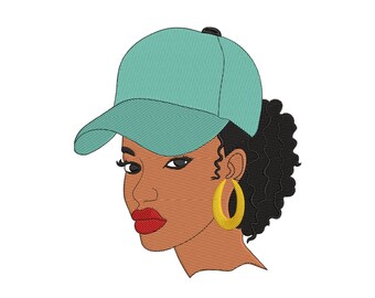 Diseño de bordado de cara de mujer afro 6 tamaños, diseño de bordado de mujer africana en sombrero, diseño de bordado de máquina, 4 tamaños, descarga instantánea