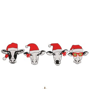 May include: Embroidered cow heads wearing Santa hats and bows, with one wearing sunglasses. The design is in black, white, and red. The text "5 SIZES" is displayed in an orange retro font.