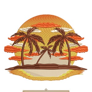 May include: Embroidered design of two palm trees on a beach with a sunset behind them. The design is in shades of orange, yellow, brown, and white. The text "5 SIZES" is below the design.