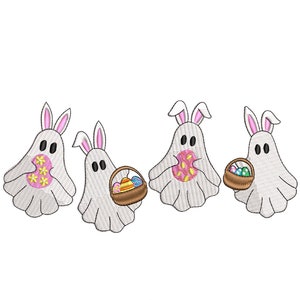 Puede incluir: Tres personajes de conejitos fantasma blancos con orejas rosas que sostienen huevos de Pascua y una cesta de huevos de Pascua. El texto "5 SIZES" está debajo de los personajes.