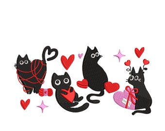 Valentine Cat Lover Embroidery Design 5 Sizes, Heart Love Cat Valentine Embroidery Design, Valentines Day Cute Black Cats Embroidery Design