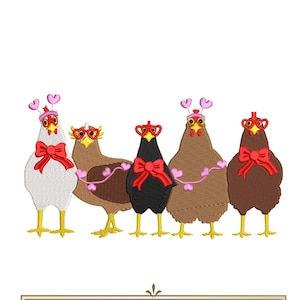 May include: Five embroidered chickens wearing red hearts and glasses. The chickens are in a line and have pink hearts on their heads. The text "5 SIZES" is below the chickens.