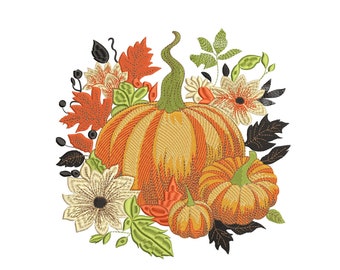 Blumen Kürbis Stickmuster, Herbst Stickdatei, Herbst Stickmuster, Kürbis Stickmuster, Stickmuster in 5 Grössen