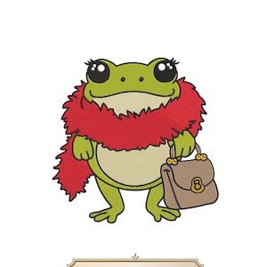 May include: A green frog wearing a red feather boa and holding a brown purse. The image includes the text "5 SIZES".