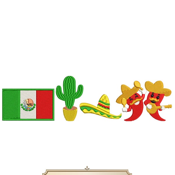 Cinco De Mayo Embroidery Designs 5 Sizes, Mexican Fiesta Embroidery Design, Sombrero Mariachi, Hot Chili Pepper, Cactus Embroidery Design