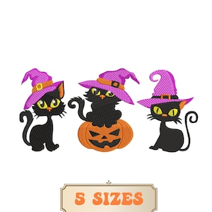 Witch Cat Embroidery Design 5 Sizes, Halloween Machine Embroidery File, Black Cat With Pumpkin Embroidery Design, Funny Fall Cat Embroidery