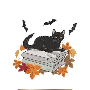 Fall Cat Book Embroidery Design 5 Size, Autumn Cat Books Reading Embroidery Design, Bats and Spooky Cats Fall Embroidery File