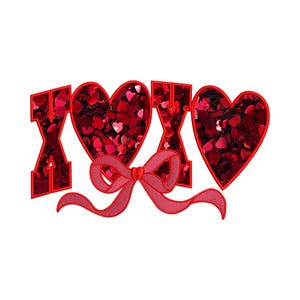 May include: Red felt letters spelling "XOX" with a red felt bow in the center. The letters and bow are made of small red hearts.