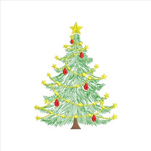 Pode incluir: Uma árvore de Natal verde com enfeites amarelos em forma de estrela e uma estrela amarela no topo. A árvore é decorada com enfeites vermelhos em forma de gota e luzes de corda amarelas. A árvore tem um tronco castanho.