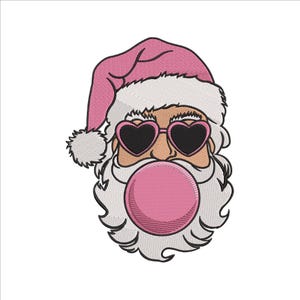 May include: Embroidered Santa Claus face with a pink hat, heart-shaped sunglasses, and a bubblegum bubble. The Santa has a white beard and mustache, and the hat has a white trim and a pom-pom.